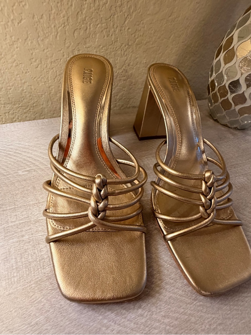 PAIGE Metallic Gold Braided Strap Block Heel Mules
